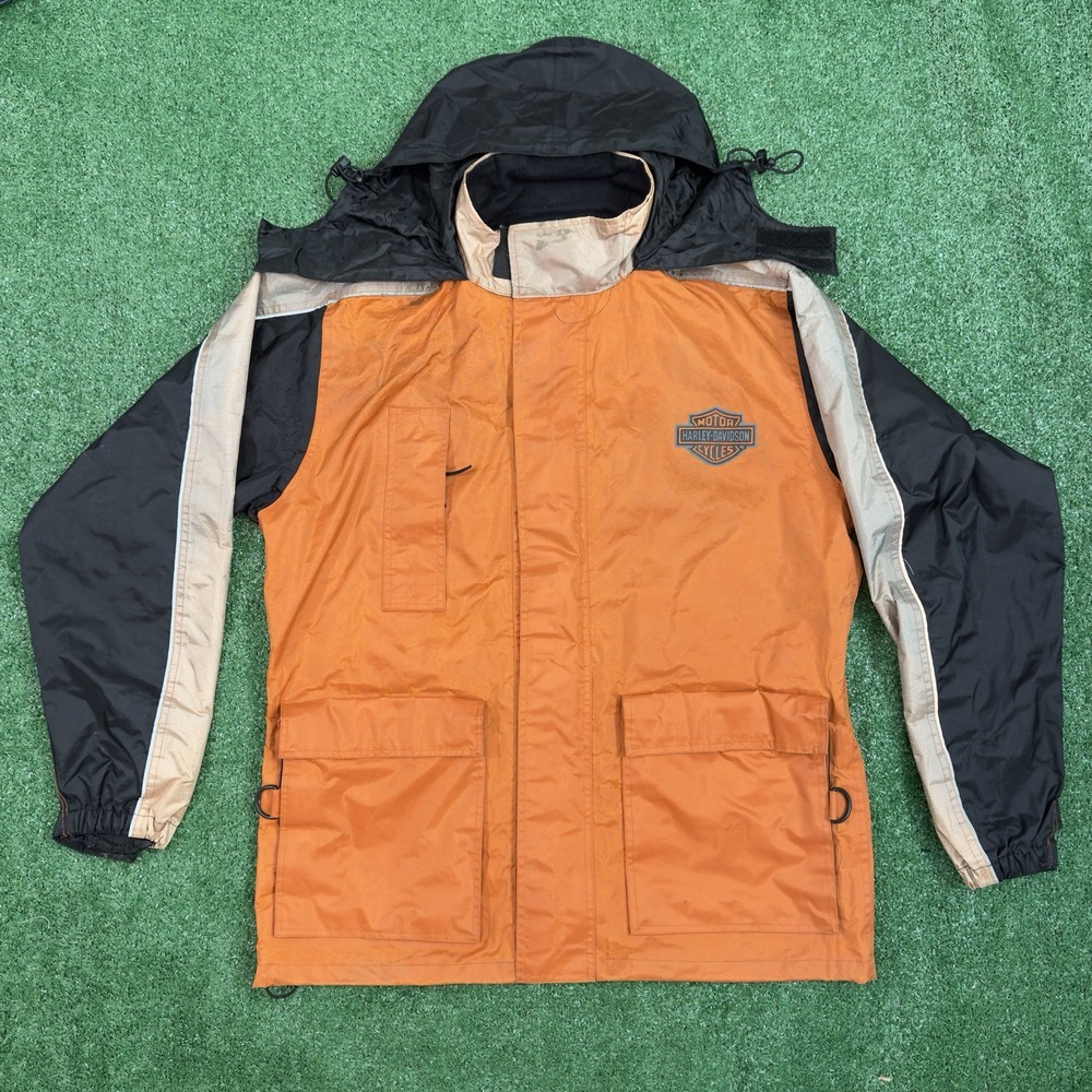 Harley Davidson Men's Medium Riding‎ Jacket Hidden Hood Rain Nylo